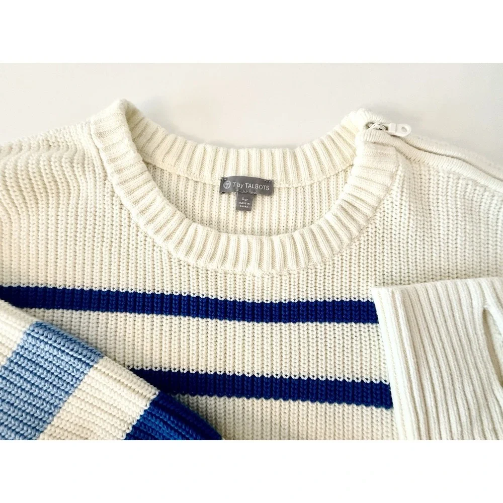 T by Talbots Stripe‎ Crewneck High-Low Sweater Tunic Ivory Multi Large Petite